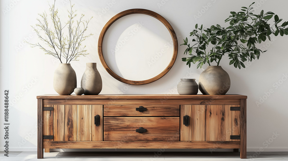 Aufkleber rustic wooden sideboard in japandi-style home decor with a round frame and vases of plants on the ca