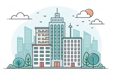 Obraz premium cute office building with city scape, doodle art illustration background