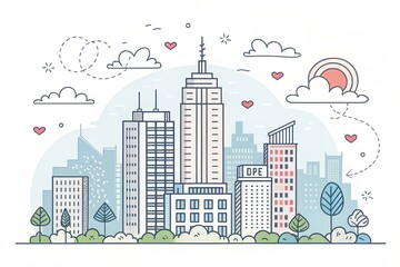 cute office building with city scape, doodle art illustration background