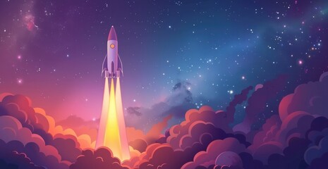 illustration spaceship shuttle rocket launch in to space interstellar travel 3D render color pink purple blue