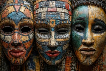 Three colorful african tribal masks showing traditional patterns and ritualistic designs