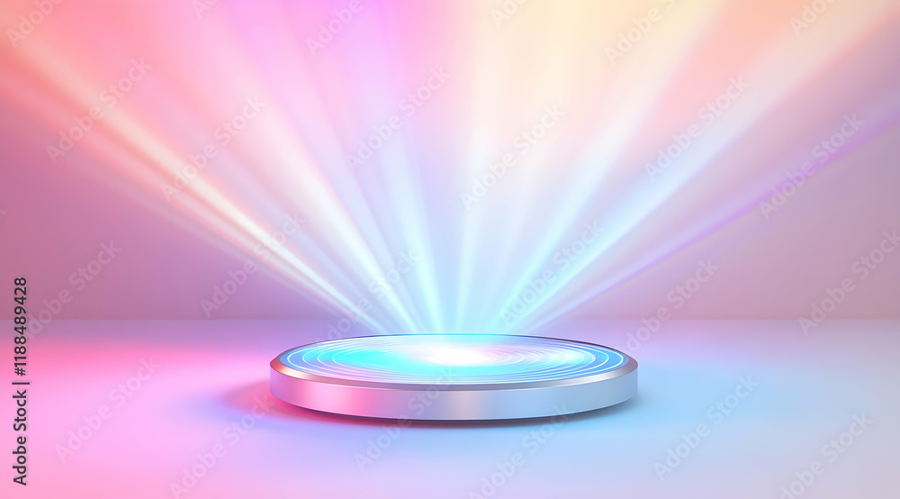 Poster 3d rendering of a podium with a holographic light ring and geometric shapes on a pastel background f