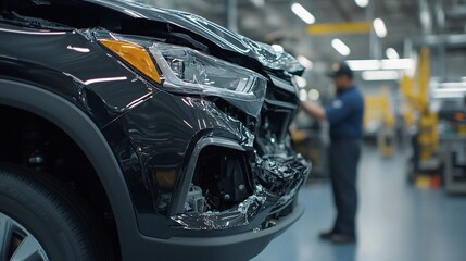 car after an accident Damaged black vehicle in automotive workshop