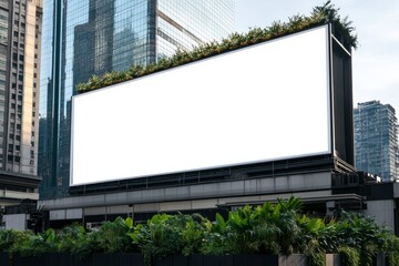 Obraz premium Blank advertising vertical banner poster mockup on modern tall building facade exterior.