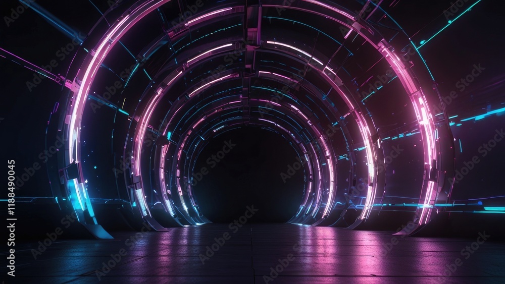 Poster futuristic neon tunnel with vibrant colors and symmetrical light patterns.
