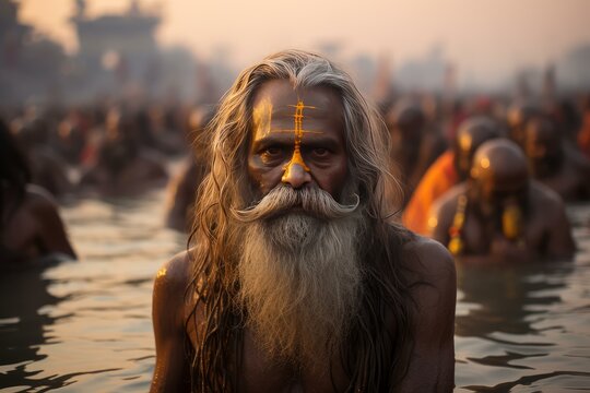 Portrait of a sadhu bathing in the ganges river during kumbh mela, a mass hindu pilgrimage of faith