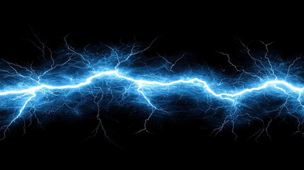 Blue Thunderbolt Light and Electric Energy Discharge on Black Background, Dynamic Lightning Strike, High-Energy Electric Effect, Powerful Natural Phenomenon, Abstract Dark Theme for Bold Designs