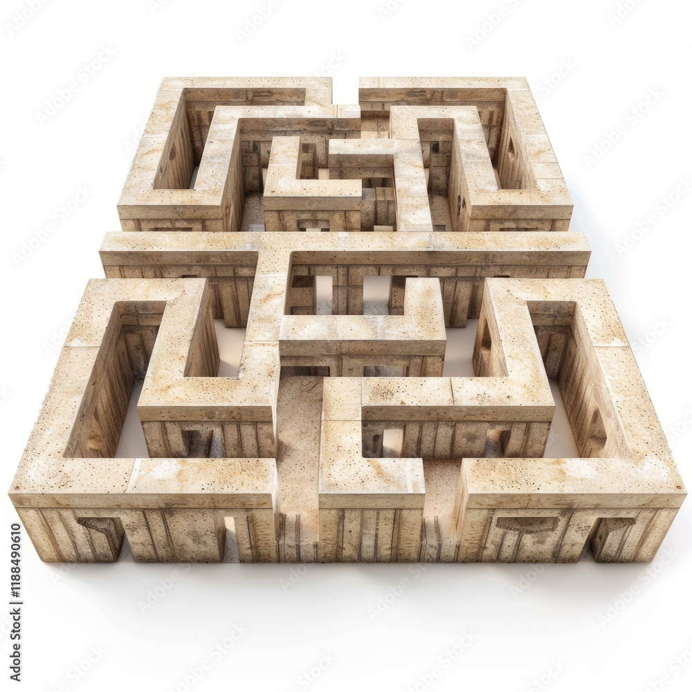 Poster intricate stone labyrinth forming a complex puzzle, challenging problem solving skills