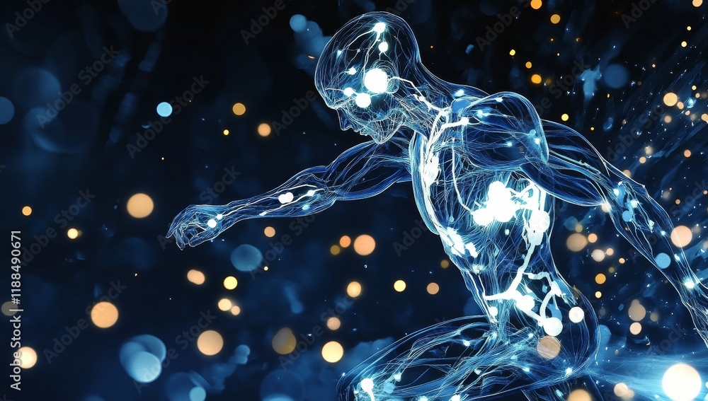 Poster Glowing anatomical human figure in dynamic pose against a dark background with bokeh effects.