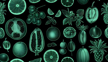 Illustration - Tropical Fruits, Pineapple, Grape, Lemon, Lime, Pomegranate, Fig, Seamless Pattern, Green, Black Background