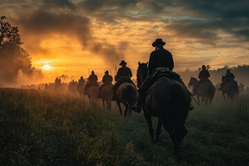 Fototapeta premium Cavalry soldiers riding horses at sunrise in a dramatic battlefield scene
