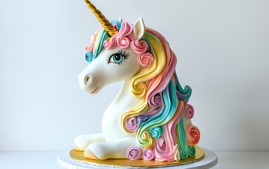 A vibrant 3D unicorn cake with a rainbow mane, golden horn, and pastel decorations on a white backdrop