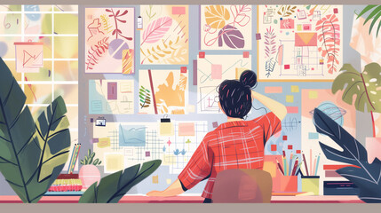 A focused artist is surrounded by sketches and notes, immersed in the creative process in a bright workspace