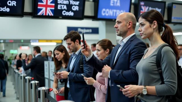 A queue of travelers scanning their ETA or Electronic Travel Authorisation codes at an airport checkpoint, with electronic screens displaying instructions overhead.