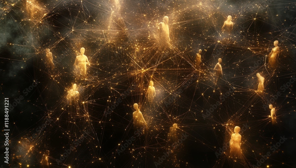 Poster golden figures interconnected by glowing lines, cosmic network.