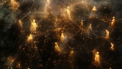 Golden figures interconnected by glowing lines, cosmic network.