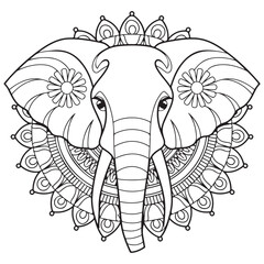 Elephant head and lotus flower hand drawn for adult coloring book