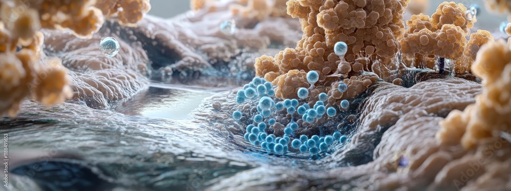 Poster microscopic view of cells, showing textured surfaces, flowing liquid, and clustered spheres.