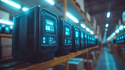 Obraz premium A Glimpse into the Future: A row of futuristic devices, illuminated by a cool blue light, sit on a warehouse shelf, hinting at a world transformed by technology.