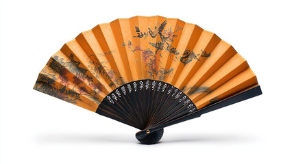 Chinese Folding Fan with Chinese Mountain Design, Isolated on White Background, Traditional Cultural Art, Elegant Decorative Fan for Asian-Inspired Themes, Oriental Aesthetic for Home or Event 