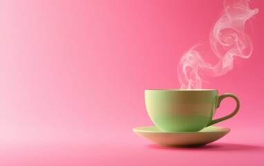 A hot green tea cup with steam curling elegantly, suspended on a bright pink background