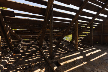 Abstract grunge wooden attic interior, perspective view