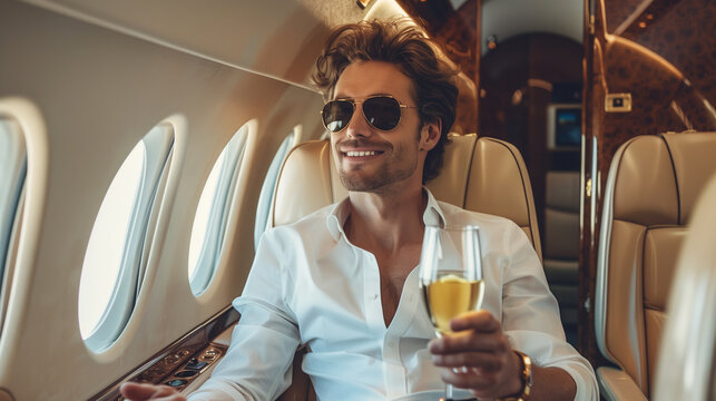 A stylish young man enjoying a drink while relaxing in a private jet