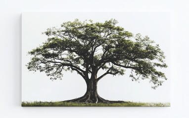 Obraz premium A kapok tree with its massive trunk and small, sparse leaves centered on a clean white canvas