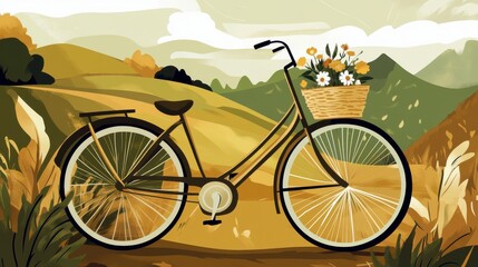 Fototapeta premium Serene Countryside Cycling Adventure: A Vintage Bicycle Through Autumnal Landscapes