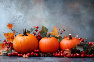 Pumpkins, autumn leaves, and berries creating a festive fall arrangement