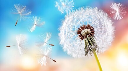 Delicate Dandelion Seeds Floating Against a Vibrant Blue and Orange Gradient Sky Background