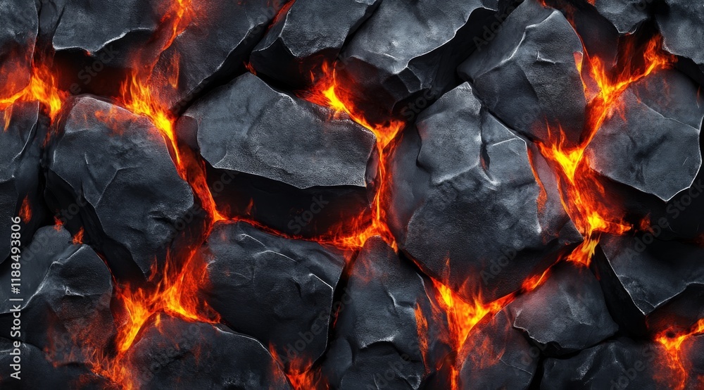 Poster lava flow and black rock texture in abstract landscape background for natural elements