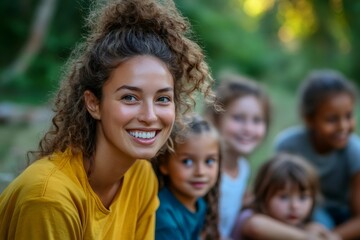 Young educator smiling with group of children outdoors