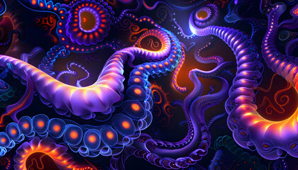 Abstract Background Illustration - Colorful Tentacles, Bioluminescent, Deep Sea, Alien