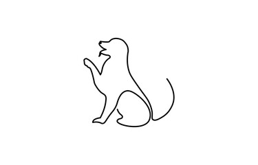 Silhouette of abstract dog as one line drawing on white background, continuous hand drawn vector objects. The dog is sitting on the floor. Cute dog one line art. Vector illustration.