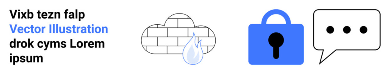 Cloud with raindrop on brick wall, blue lock icon, and speech bubble with ellipsis. Ideal for cybersecurity, cloud storage, data privacy, communication, technology services, IT solutions, online