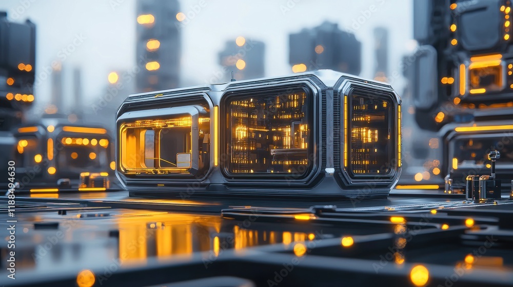 Poster futuristic cityscape: illuminated modular structures