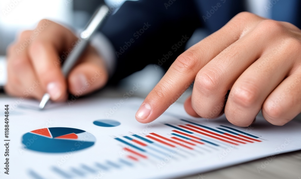 Poster business professional analyzing financial reports with charts and graphs on a document