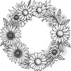 Fototapeta premium Floral Wreath Coloring Page - Daisies and Sunflowers Printable Design