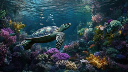 Obraz premium Underwater Scene Featuring a Sea Turtle Swimming Through Vibrant Coral Reef teeming with Colorful Marine Life and Bubbles in Lush Ocean Environment
