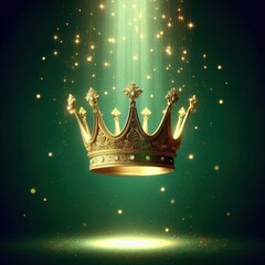Emerald green background with a golden crown suspended mid-air in the center, shining under a soft spotlight
