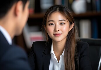 Confident Businesswoman Engaging in Professional Conversation in Modern Office Environment