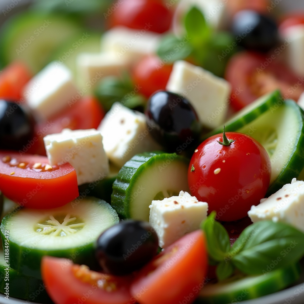 Poster the image is a close-up of a colorful salad in a white bowl. the salad is made up of sliced cucumber