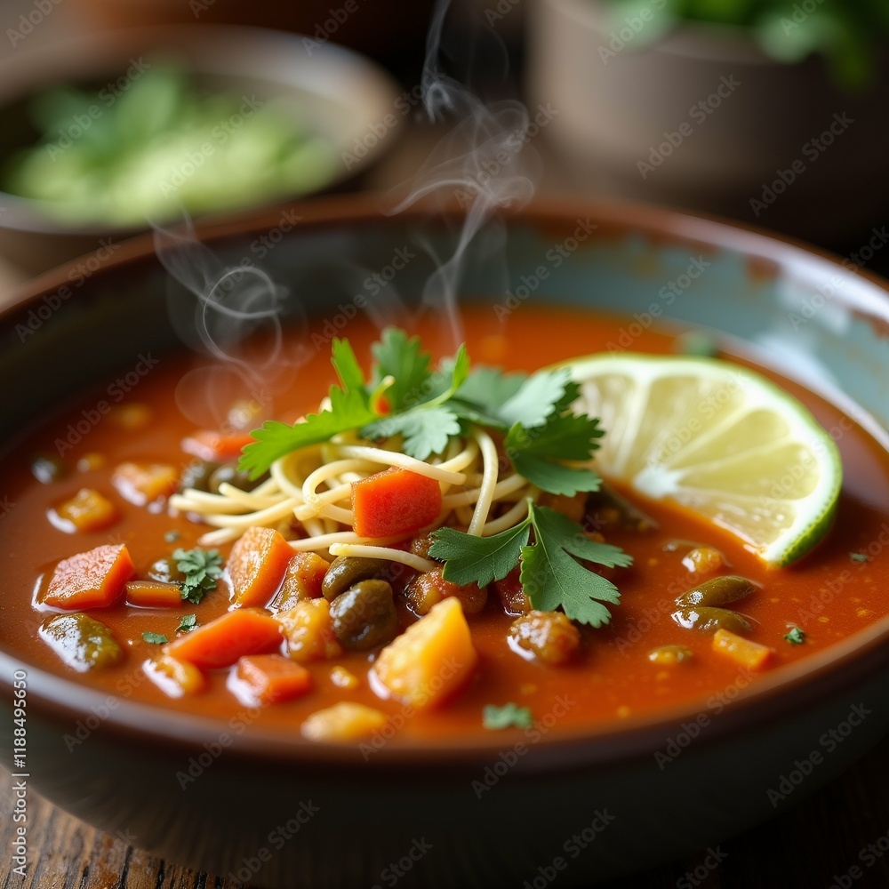 Poster the image shows a bowl of soup with a slice of lime on the side. the soup appears to be a tomato-bas