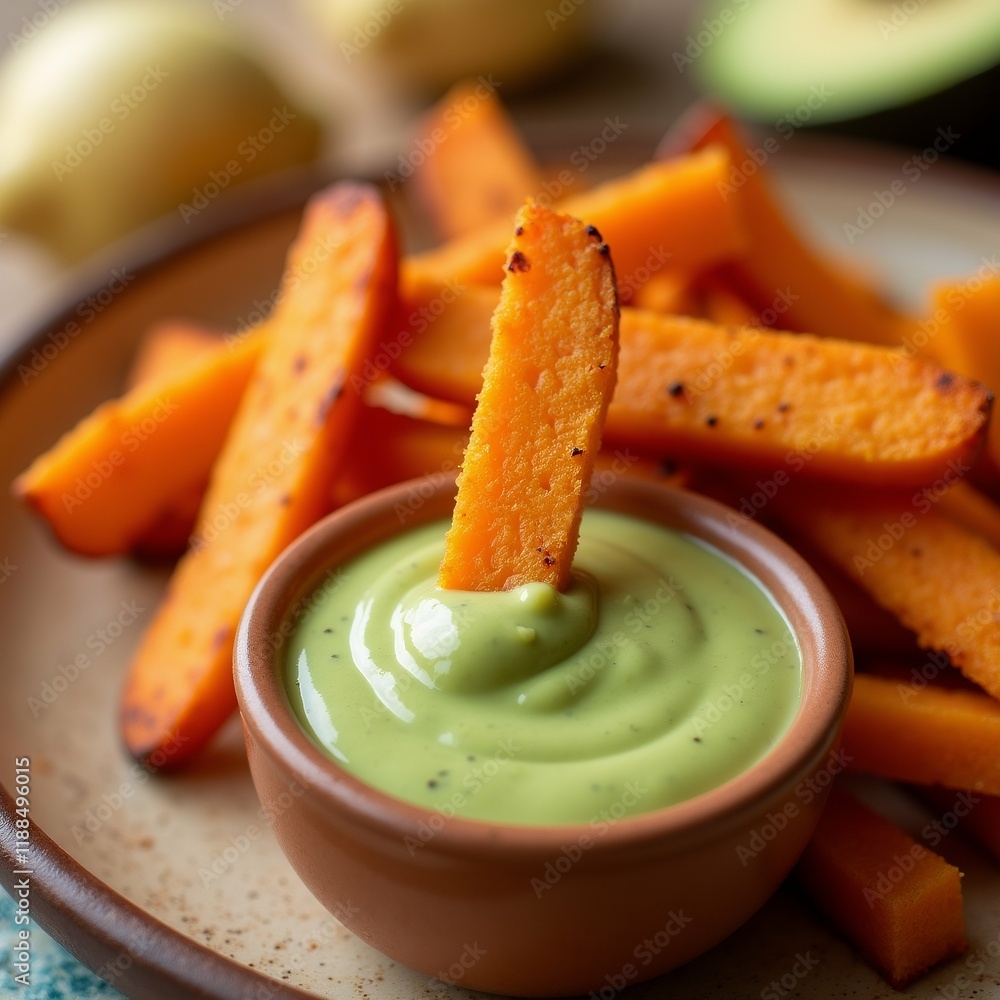 Poster the image shows a plate of sweet potato fries with a small bowl of green sauce in the center. the fr