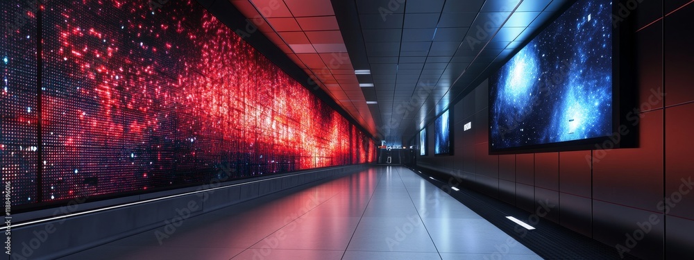 Poster futuristic corridor with vibrant led displays showing nebulae and abstract art.