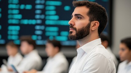 Fototapeta premium A focused individual observes a digital display in a professional environment, surrounded by others engaged in similar activities.