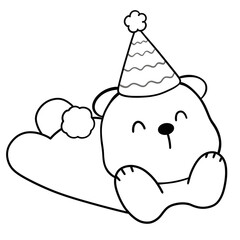 Cute Teddy Bear With Party Hat Line Art Doodle Illustration