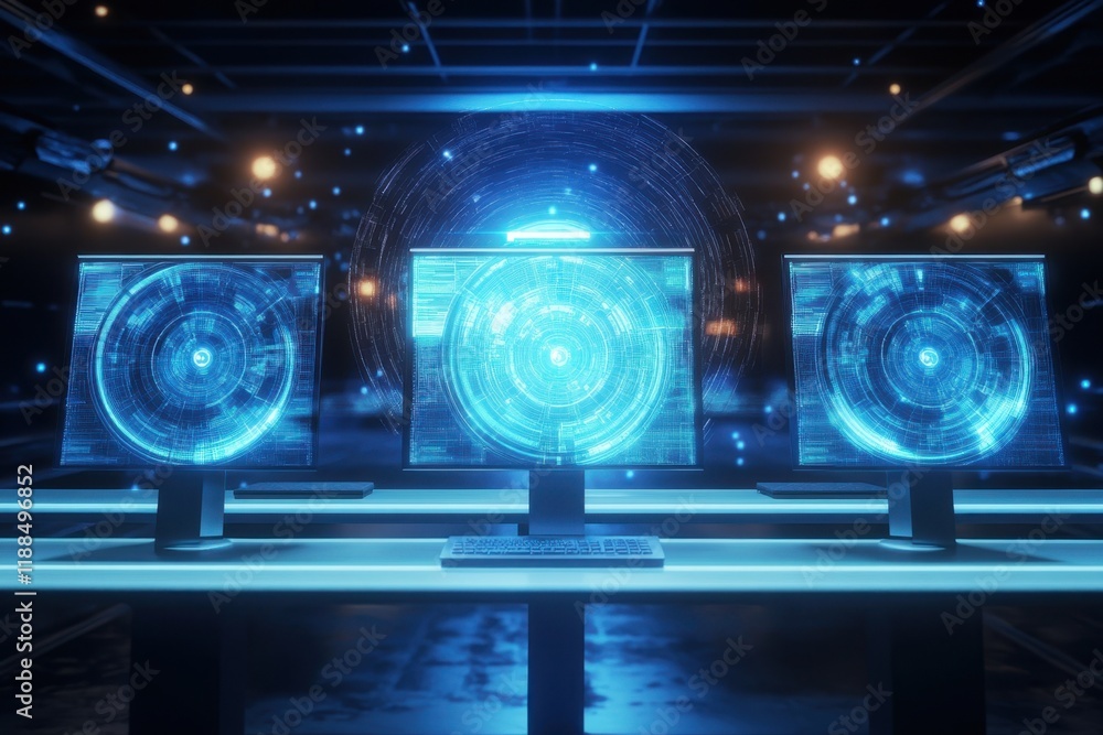Poster futuristic computer setup with three glowing screens in a dark room
