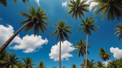 Fototapeta premium Green palm trees against blue sky and white clouds. Tropical jungle forest with bright blue sky, panoramic nature banner. Idyllic natural landscape, looking up, low point of view. Summer traveling